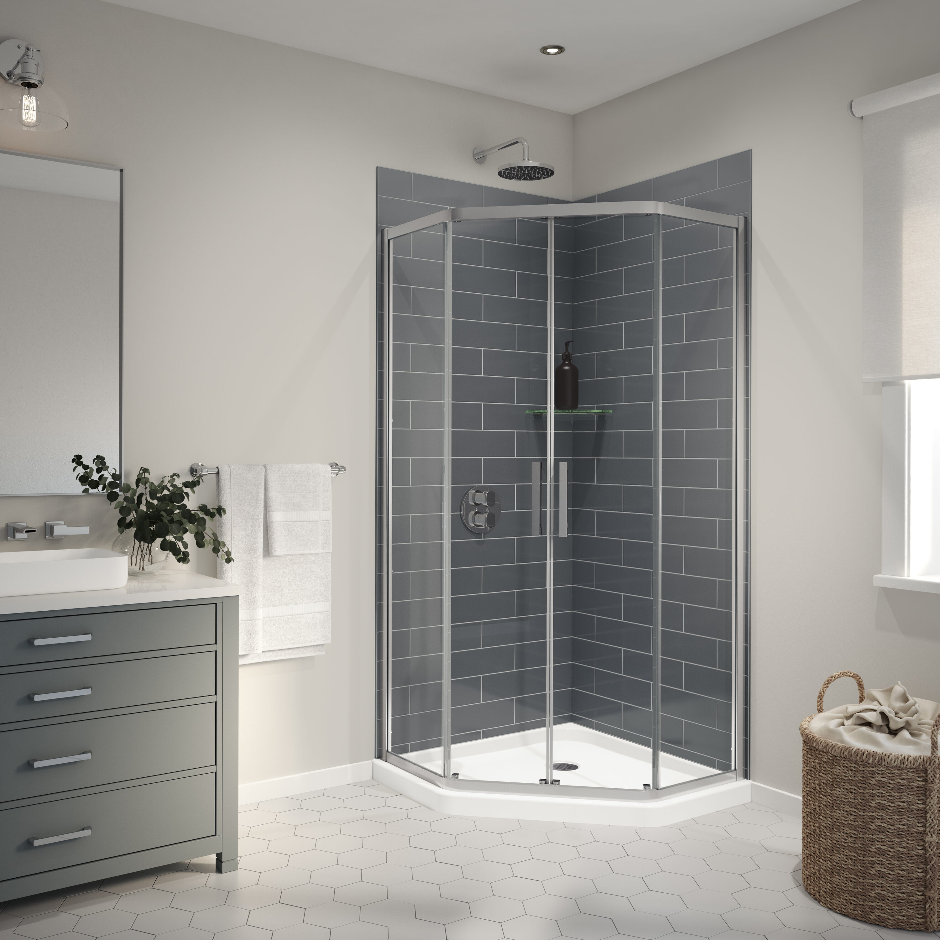Panel de pared de esquina para ducha MAAX Utile de 36 pulgadas de ancho x 1.13 pulgadas de profundidad x 80 pulgadas de alto en color gris trueno de 2 piezas directo al montante 103378-301-019-000