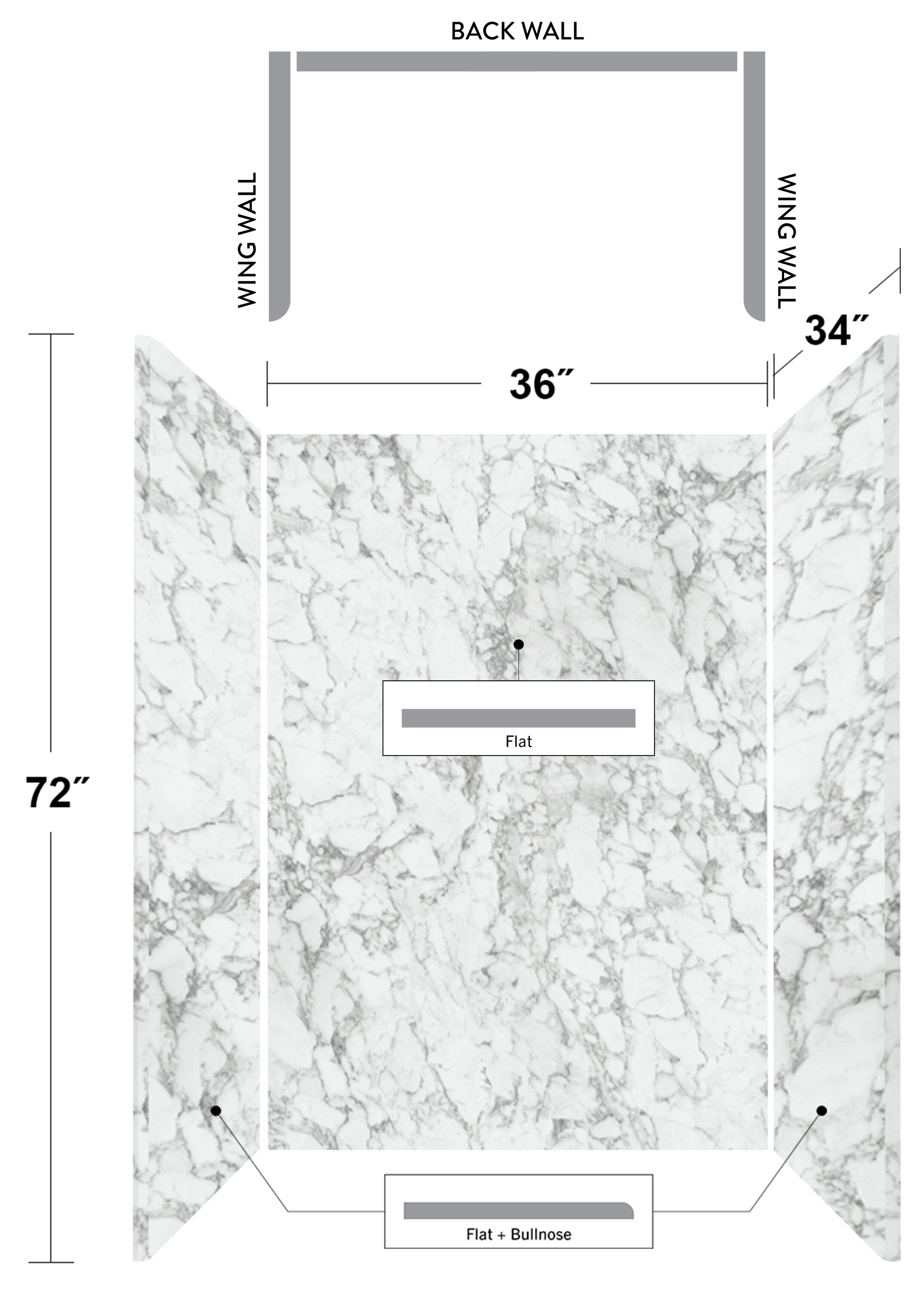 Kit de paneles para ducha alcove Marmafino 3.0 de Wetwall Wilsonart, con medidas de 36 pulgadas de ancho, 34 pulgadas de profundidad y 72 pulgadas de altura. Incluye 3 piezas para ensamblar con adhesivo.
