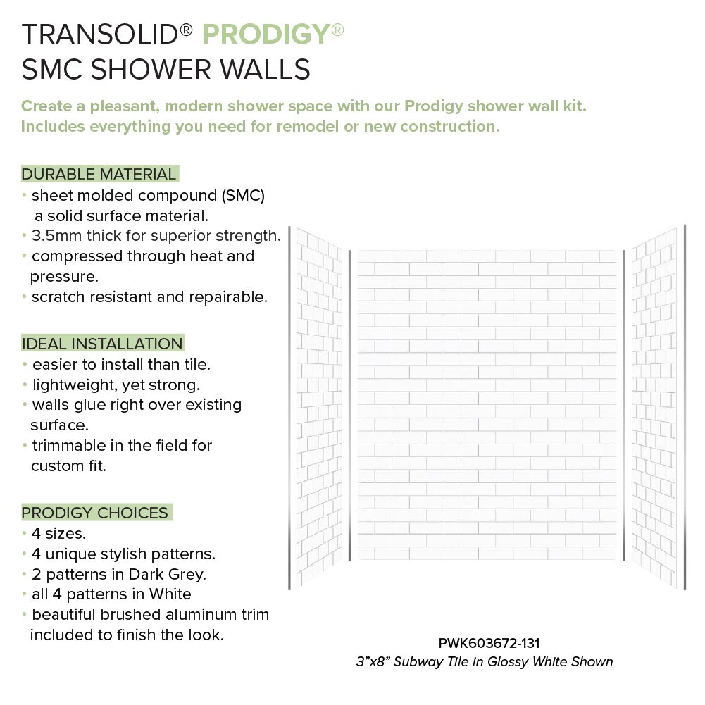 Kit de paneles de ducha para rincón Transolid Prodigy de 60 pulgadas de ancho x 36 pulgadas de profundidad x 72 pulgadas de altura en blanco/Subway 3.0 - 3 piezas de instalación con pegamento PWK603672-131.