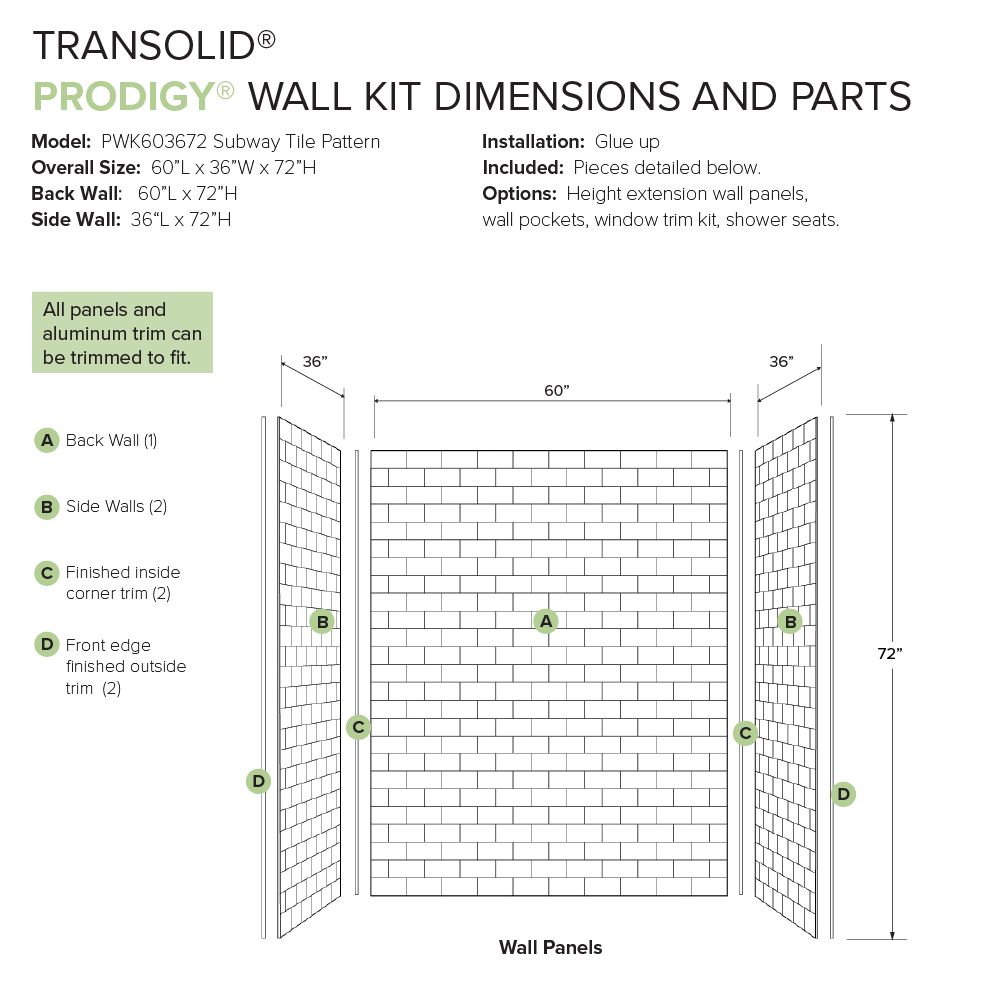 Kit de paneles de ducha para rincón Transolid Prodigy de 60 pulgadas de ancho x 36 pulgadas de profundidad x 72 pulgadas de altura en blanco/Subway 3.0 - 3 piezas de instalación con pegamento PWK603672-131.