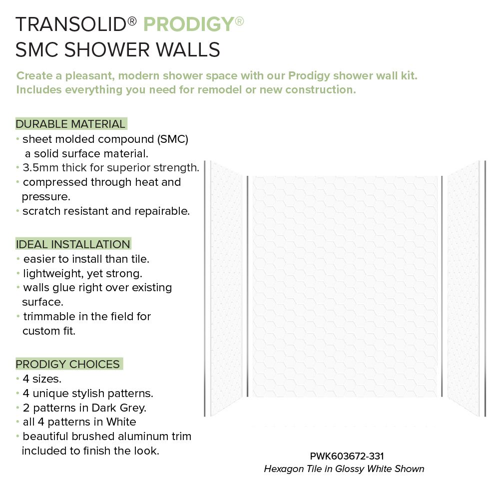 Kit de panel de ducha tipo alcoba Transolid Prodigy de 60 pulgadas de ancho x 36 pulgadas de profundidad x 72 pulgadas de altura en blanco/hexágono de 3.0 piezas - PWK603672-331