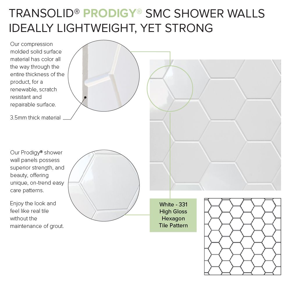 Kit de panel de ducha tipo alcoba Transolid Prodigy de 60 pulgadas de ancho x 36 pulgadas de profundidad x 72 pulgadas de altura en blanco/hexágono de 3.0 piezas - PWK603672-331