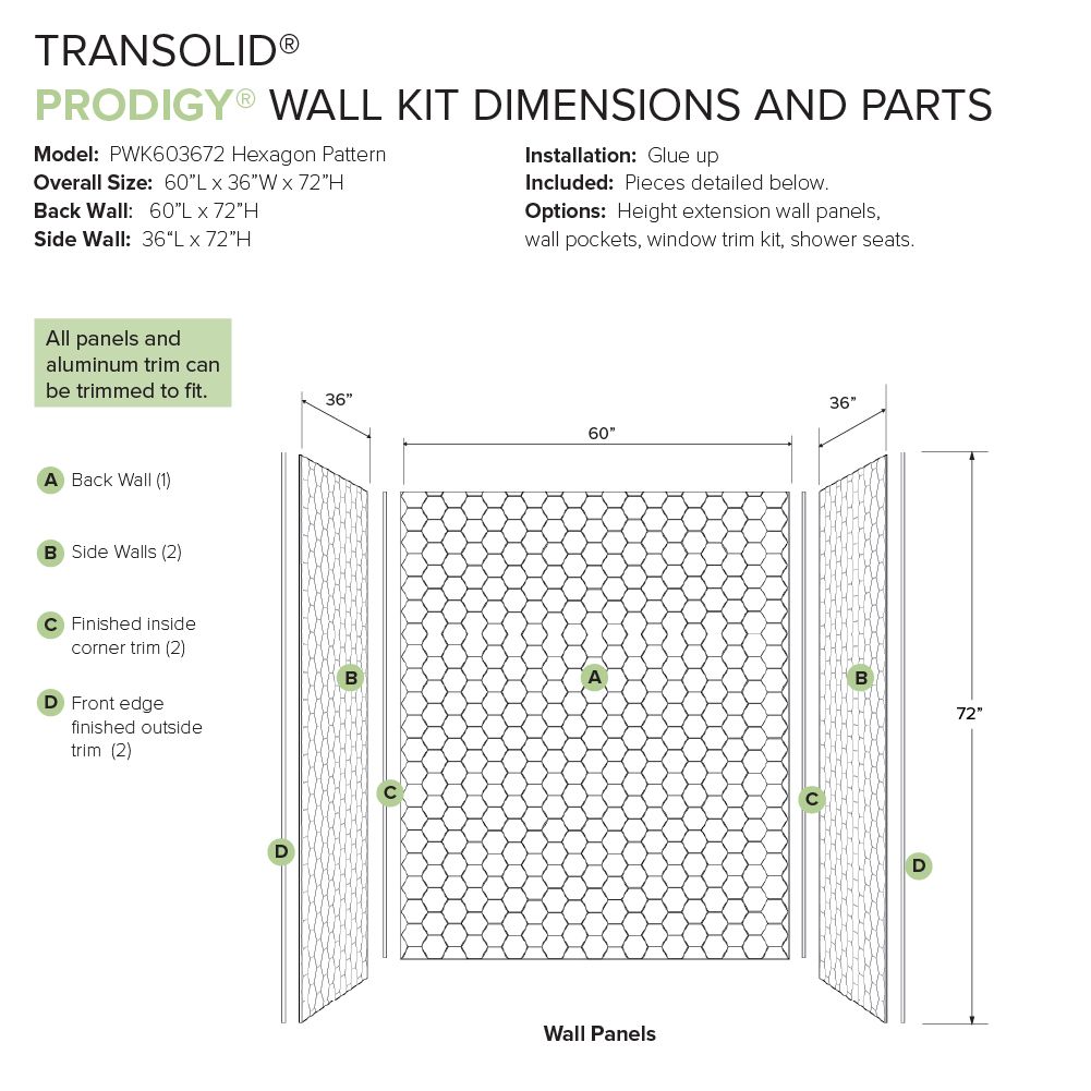 Kit de panel de ducha tipo alcoba Transolid Prodigy de 60 pulgadas de ancho x 36 pulgadas de profundidad x 72 pulgadas de altura en blanco/hexágono de 3.0 piezas - PWK603672-331