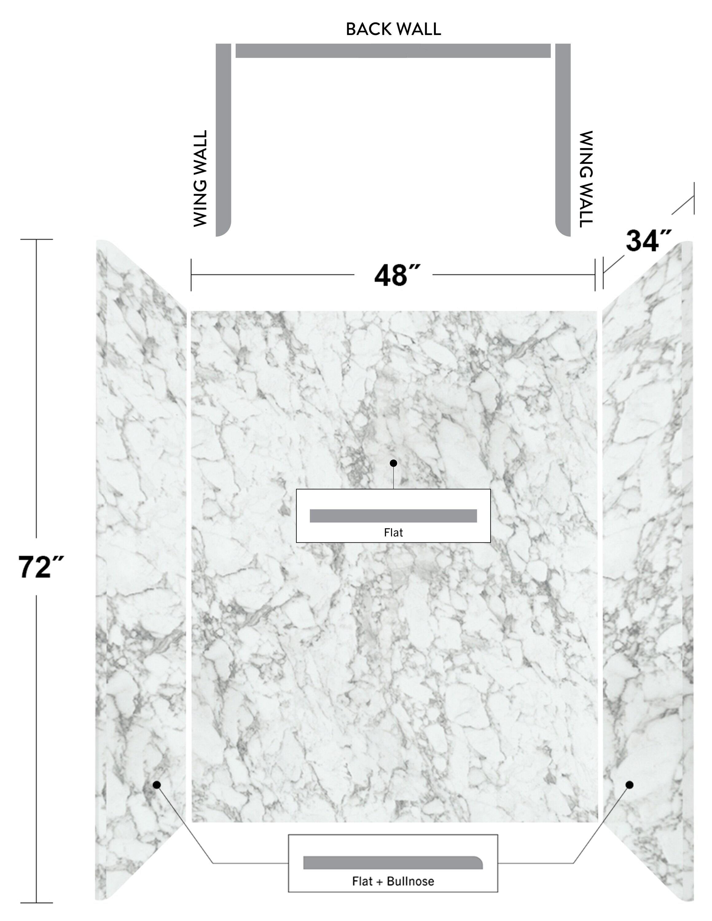 Kit de panel de ducha encajable de alcoba Marmafino 3.0 de 48 pulgadas de ancho x 34 pulgadas de profundidad x 72 pulgadas de alto de Wetwall Wilsonart WWK18853848X34X72