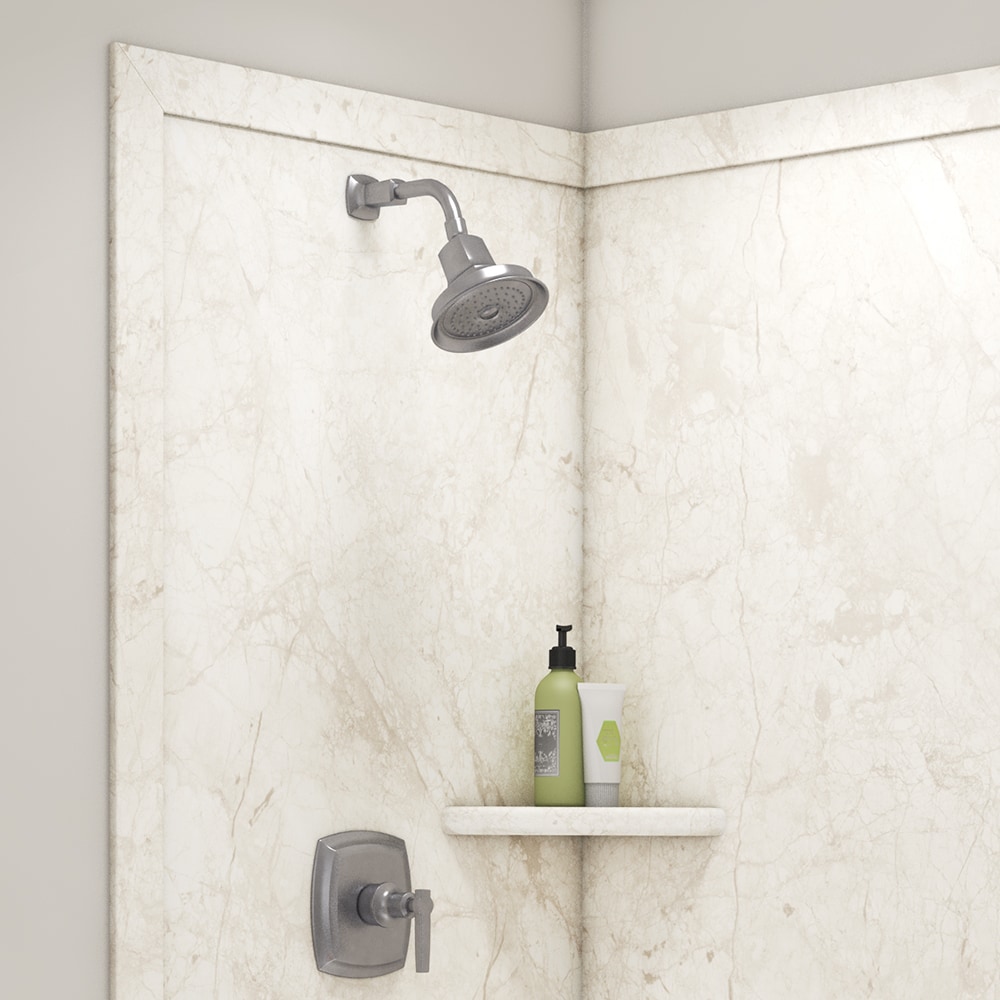 Panel de esquina para pared de ducha FlexStone Elegance 2 en color Crema Botticino 2.0 de 48 pulgadas de ancho x 36 pulgadas de profundidad x 80 pulgadas de alto.