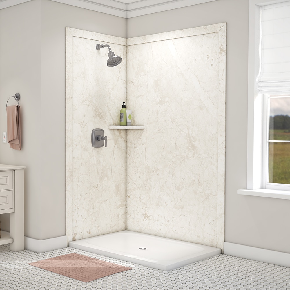 Panel de esquina para pared de ducha FlexStone Elegance 2 en color Crema Botticino 2.0 de 48 pulgadas de ancho x 36 pulgadas de profundidad x 80 pulgadas de alto.