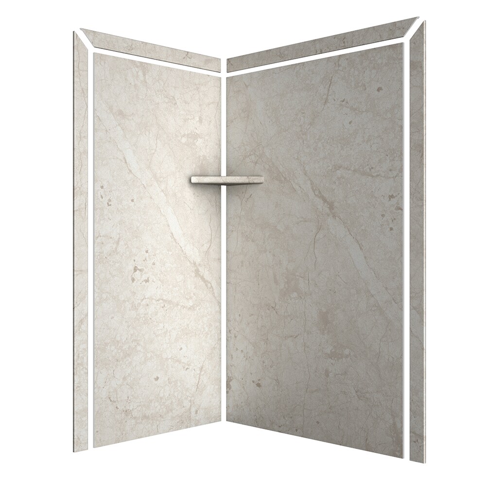 Panel de esquina para pared de ducha FlexStone Elegance 2 en color Crema Botticino 2.0 de 48 pulgadas de ancho x 36 pulgadas de profundidad x 80 pulgadas de alto.