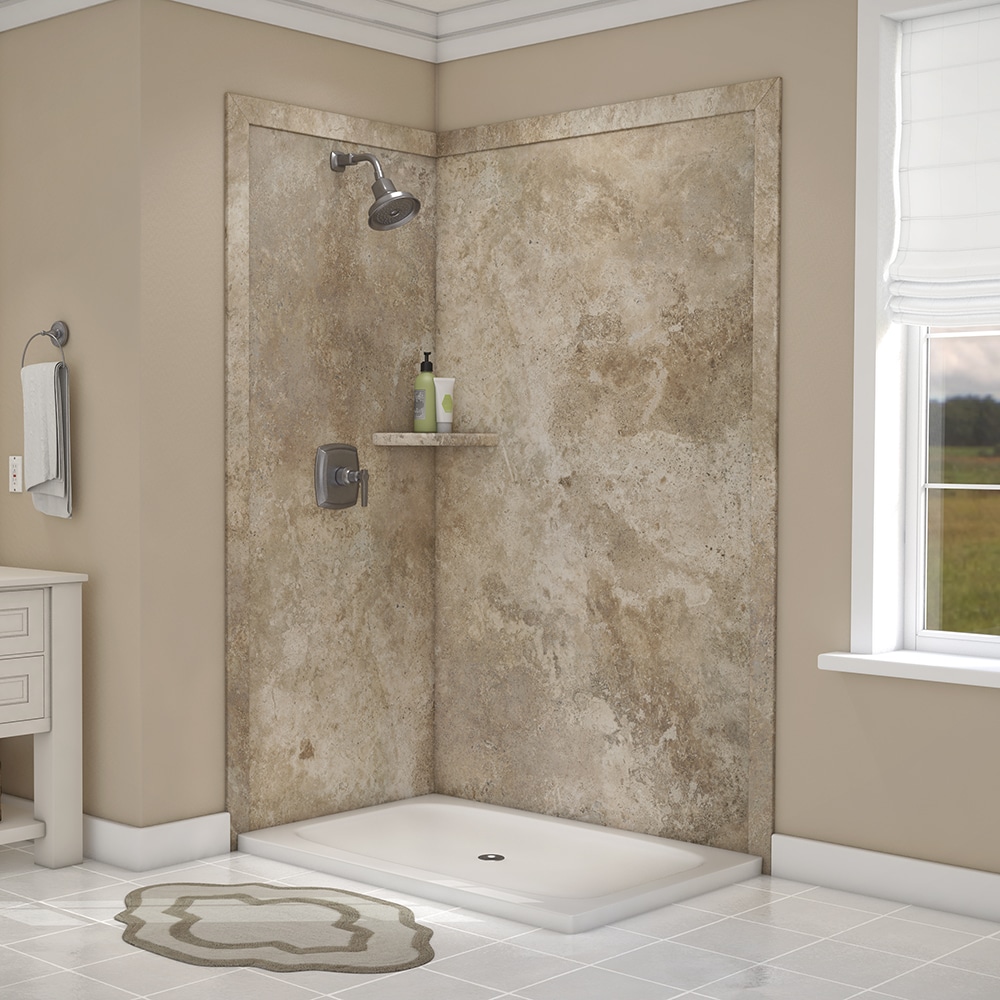 Panel de esquina para pared de ducha FlexStone Elegance 2 en Mocha Travertino de 48 pulg. x 36 pulg. x 80 pulg. -Pieza de pegado 2.0, modelo SSK48367821MT