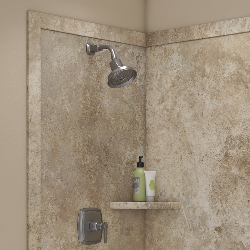 Panel de esquina para pared de ducha FlexStone Elegance 2 en Mocha Travertino de 48 pulg. x 36 pulg. x 80 pulg. -Pieza de pegado 2.0, modelo SSK48367821MT
