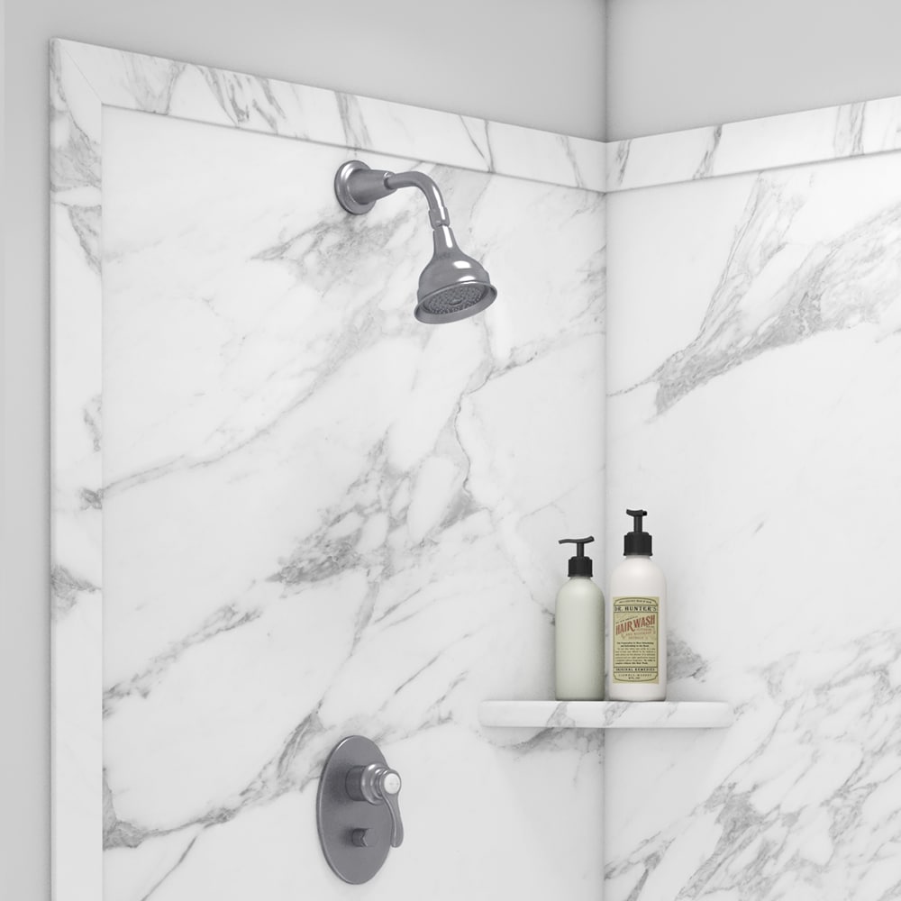Panel de pared para esquina de ducha FlexStone Splendor 40 pulgadas de ancho x 40 pulgadas de profundidad x 80 pulgadas de altura en color blanco Calacatta 2.0