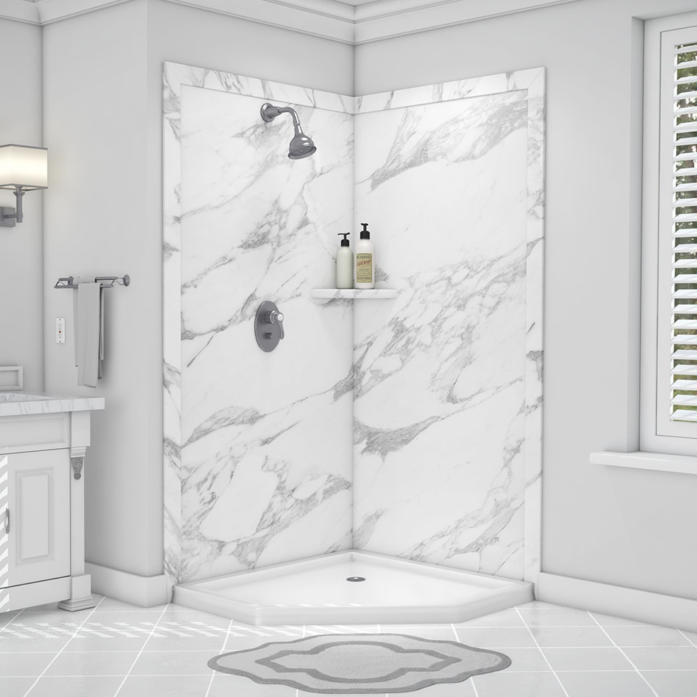 Panel de pared para esquina de ducha FlexStone Splendor 40 pulgadas de ancho x 40 pulgadas de profundidad x 80 pulgadas de altura en color blanco Calacatta 2.0