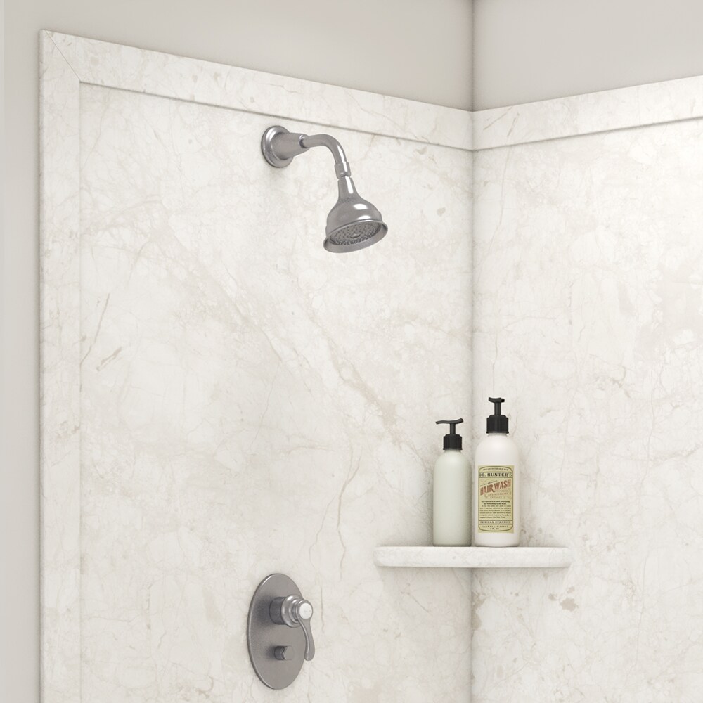 Panel de esquina para ducha FlexStone Splendor de 40 pulgadas de ancho, 40 pulgadas de profundidad y 80 pulgadas de altura en crema Botticino 2.0 -Pieza de instalación con pegamento SSK40407821BC