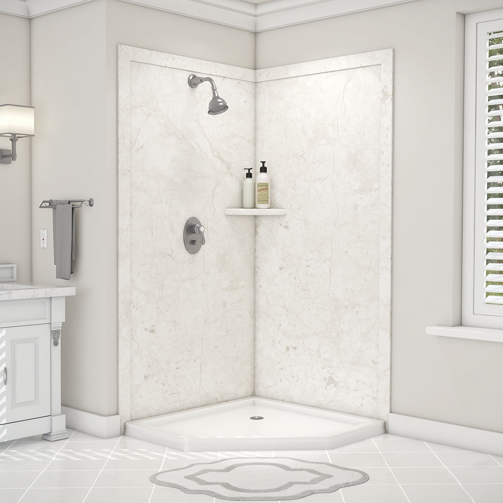 Panel de esquina para ducha FlexStone Splendor de 40 pulgadas de ancho, 40 pulgadas de profundidad y 80 pulgadas de altura en crema Botticino 2.0 -Pieza de instalación con pegamento SSK40407821BC