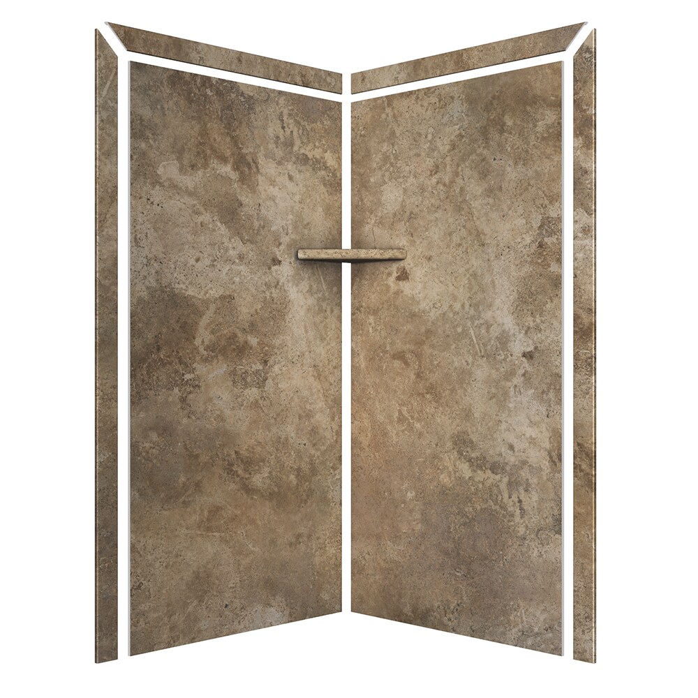 Panel de esquina para pared de ducha FlexStone Splendor de 40 pulgadas de ancho x 40 pulgadas de profundidad x 80 pulgadas de altura en Travertino Mocha de 2.0 piezas con sistema de pegado SSK40407821MT.