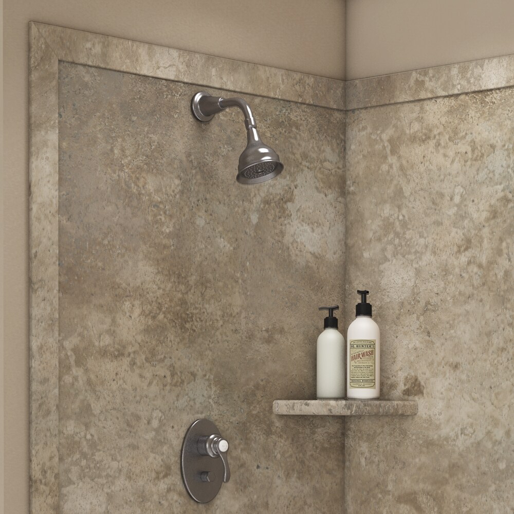 Panel de esquina para pared de ducha FlexStone Splendor de 40 pulgadas de ancho x 40 pulgadas de profundidad x 80 pulgadas de altura en Travertino Mocha de 2.0 piezas con sistema de pegado SSK40407821MT.
