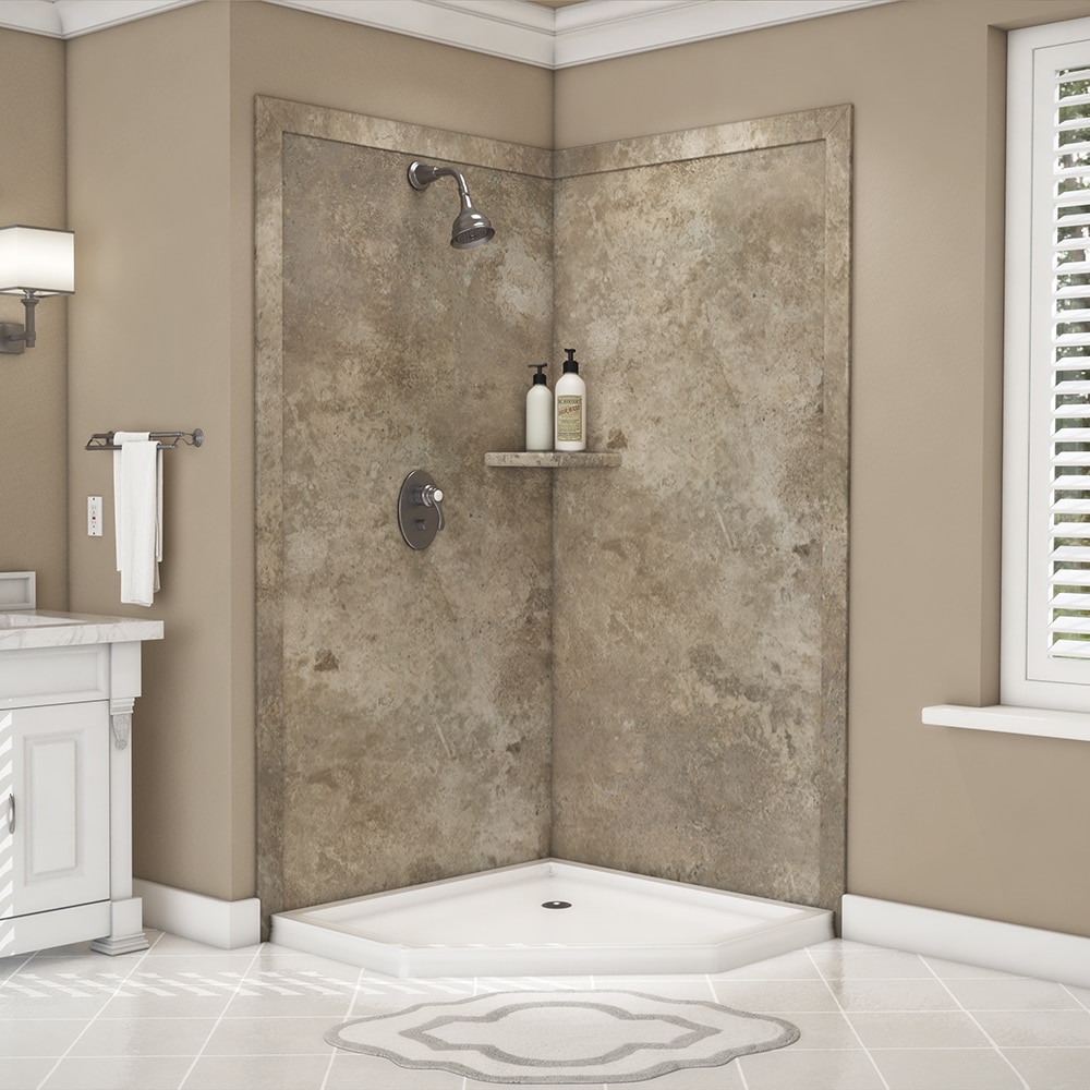 Panel de esquina para pared de ducha FlexStone Splendor de 40 pulgadas de ancho x 40 pulgadas de profundidad x 80 pulgadas de altura en Travertino Mocha de 2.0 piezas con sistema de pegado SSK40407821MT.
