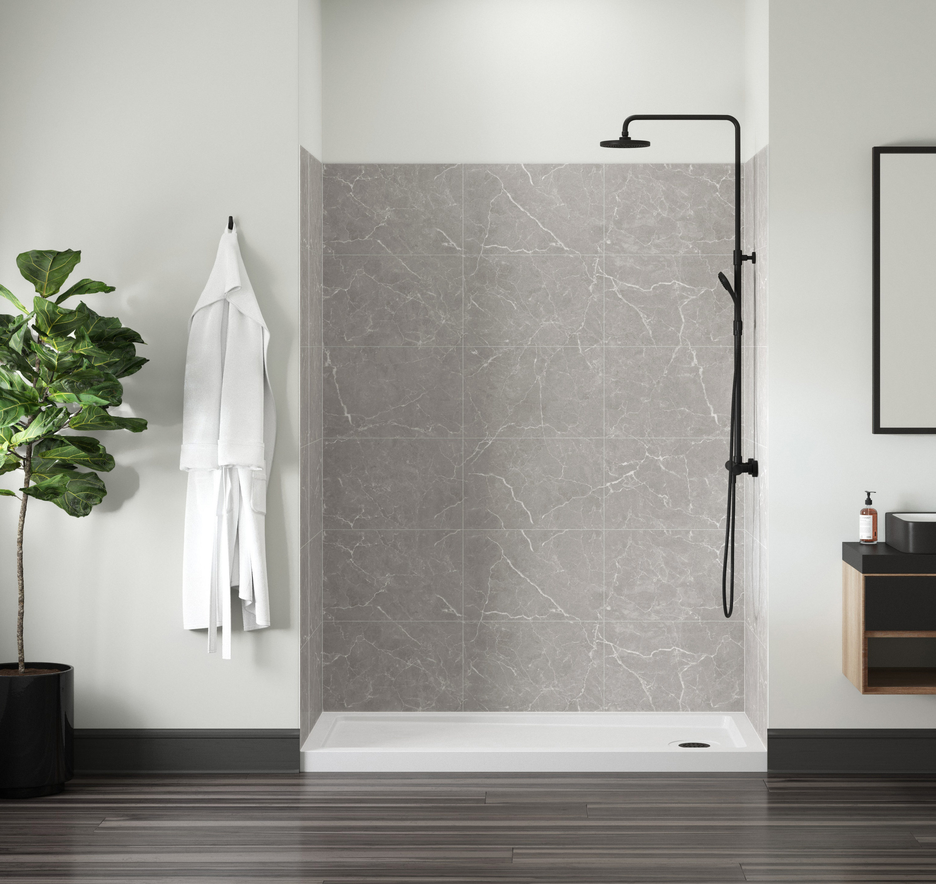 Recubrimiento de pared para ducha encastrable Jetcoat 60 pulgadas de ancho x 36 pulgadas de profundidad x 78 pulgadas de altura en color gris, 5 piezas.