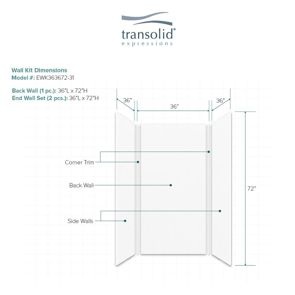 Kit de panel de ducha de alvéolo de 3 piezas con pegamento Expressions de Transolid, blanco de 36 pulgadas de ancho por 36 pulgadas de profundidad por 72 pulgadas de alto EWK363672-31.