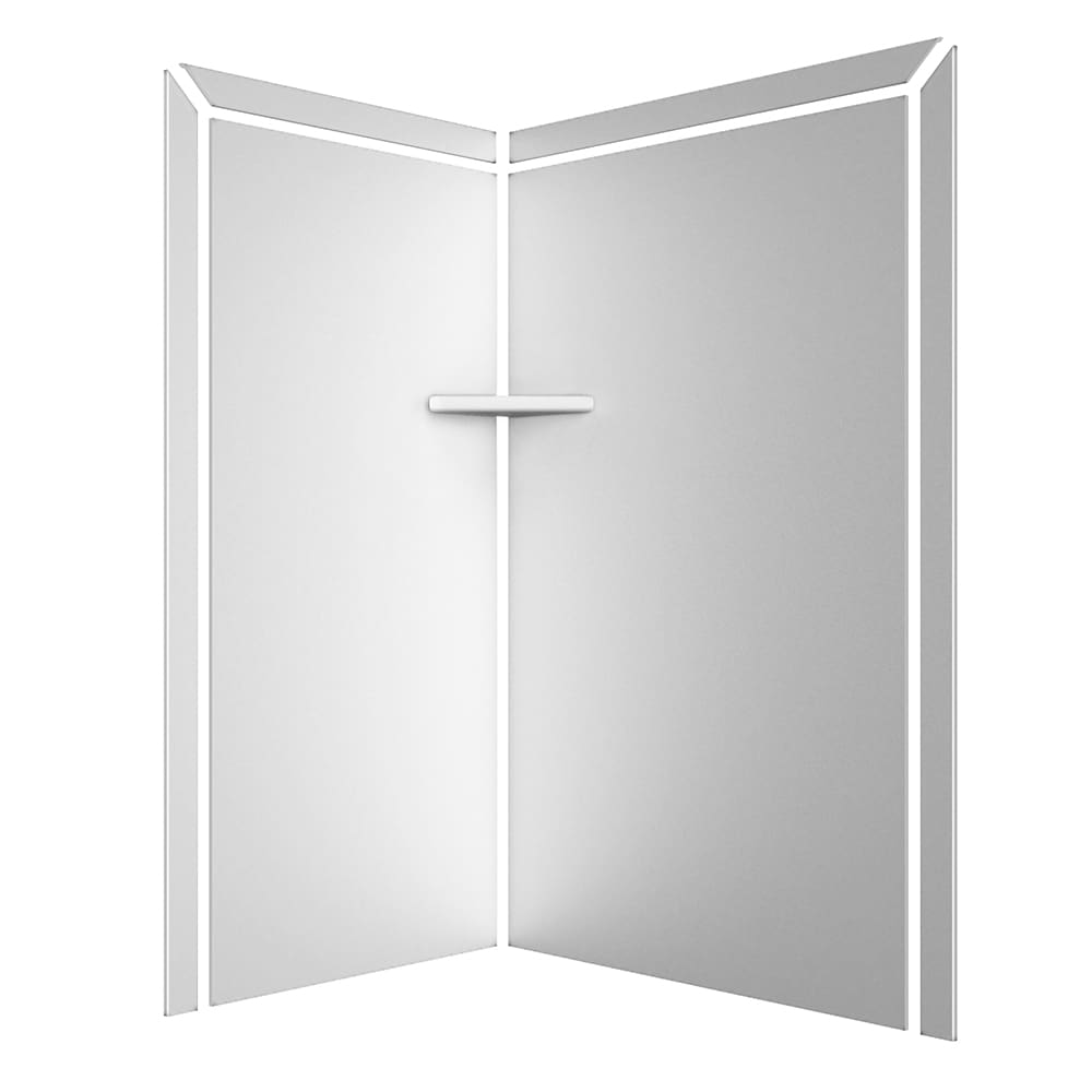 Panel de pared para esquina de ducha FlexStone Elegance 2 en blanco con medidas de 48 pulgadas de ancho por 36 pulgadas de profundidad y 80 pulgadas de altura.