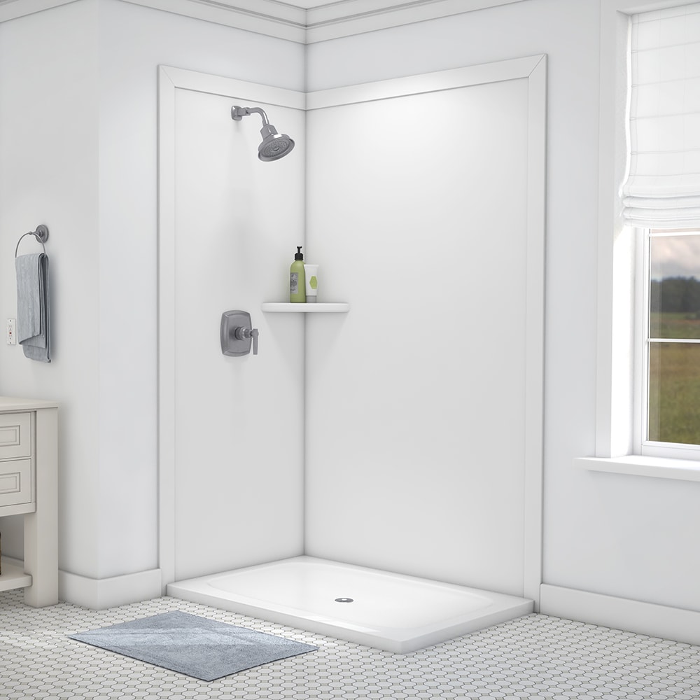 Panel de pared para esquina de ducha FlexStone Elegance 2 en blanco con medidas de 48 pulgadas de ancho por 36 pulgadas de profundidad y 80 pulgadas de altura.