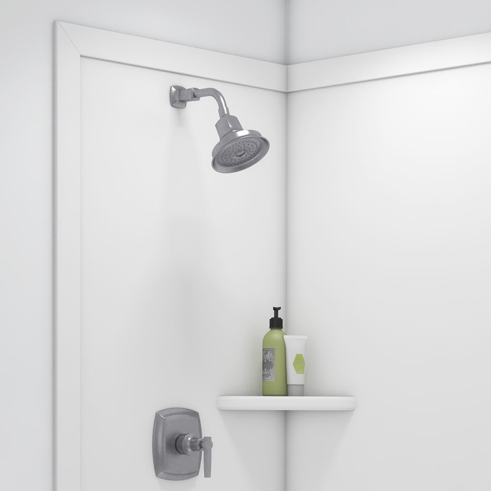 Panel de pared para esquina de ducha FlexStone Elegance 2 en blanco con medidas de 48 pulgadas de ancho por 36 pulgadas de profundidad y 80 pulgadas de altura.