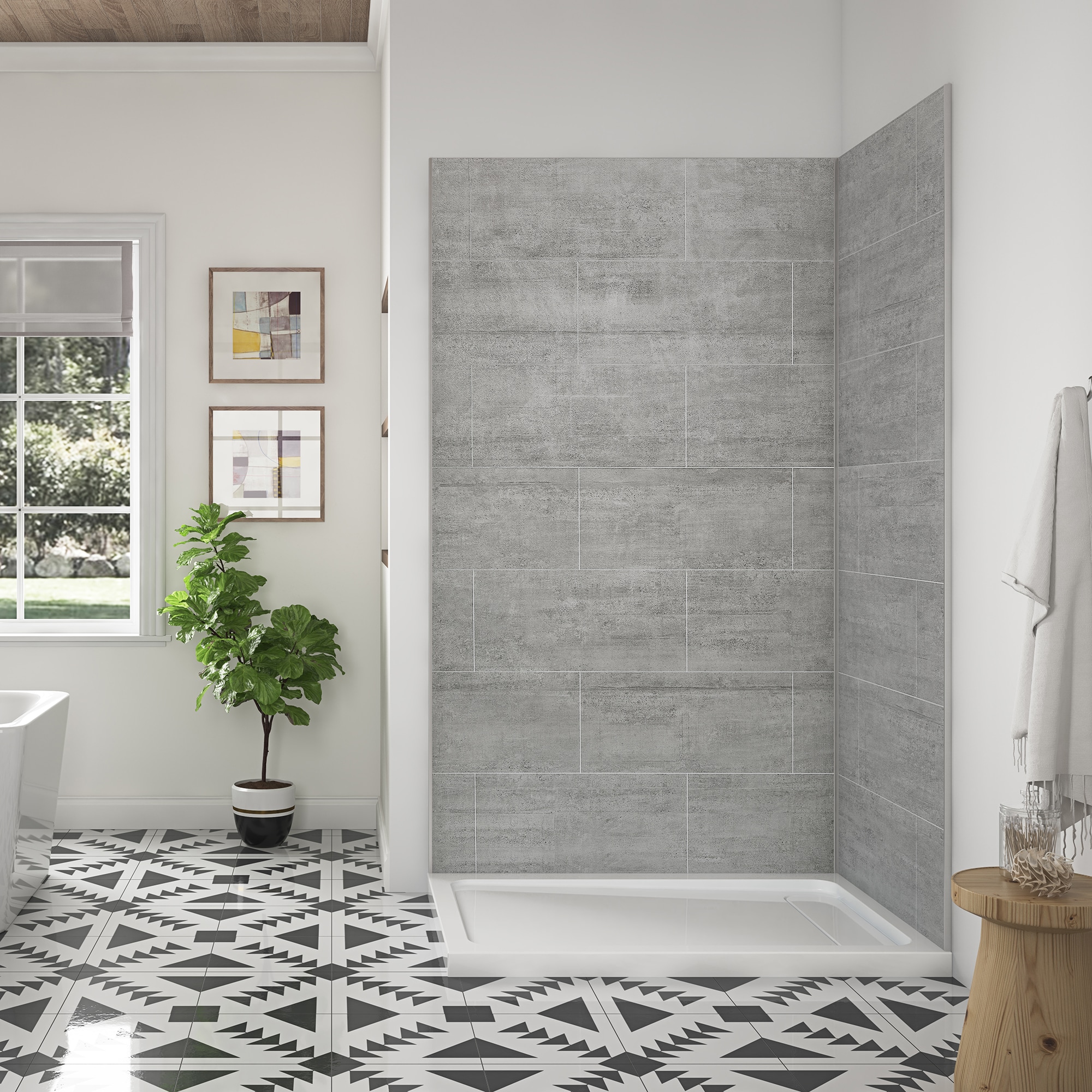 Panel de esquina para pared de ducha de color gris claro de 48 pulgadas de ancho x 32 pulgadas de profundidad x 80 pulgadas de alto de 2.0 piezas de OVE Decors - Modelo 15SAP-MISC48-GRY