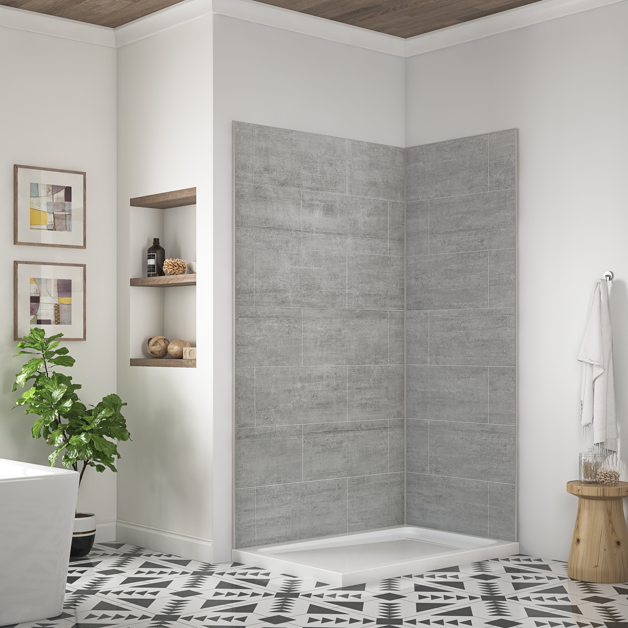 Panel de esquina para pared de ducha de color gris claro de 48 pulgadas de ancho x 32 pulgadas de profundidad x 80 pulgadas de alto de 2.0 piezas de OVE Decors - Modelo 15SAP-MISC48-GRY