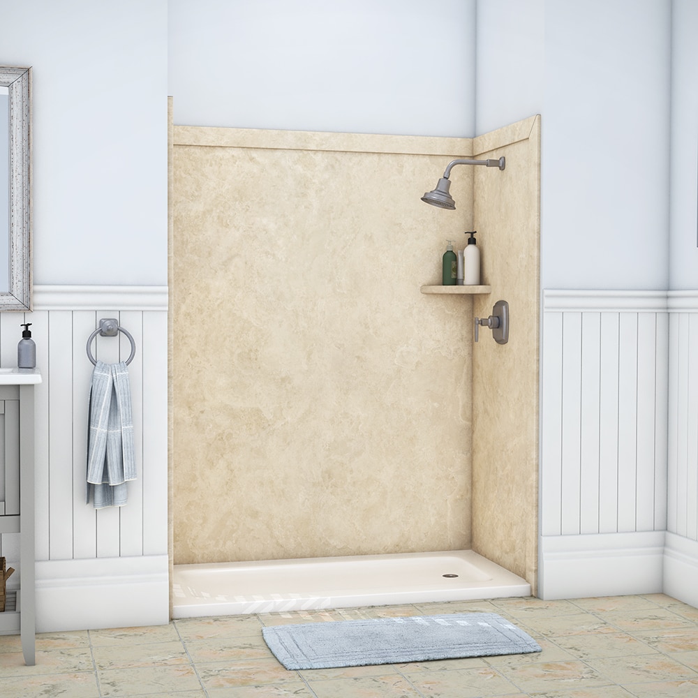 Panel de pared para ducha tipo alcoba con medida adaptable de 60 pulgadas de ancho, 60 pulgadas de largo y 80 pulgadas de alto en travertino crema de 3.0 pulgadas.
