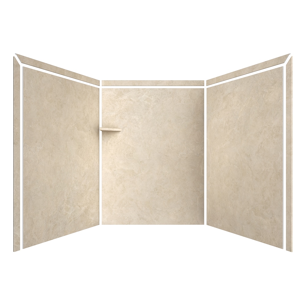Panel de pared para ducha tipo alcoba con medida adaptable de 60 pulgadas de ancho, 60 pulgadas de largo y 80 pulgadas de alto en travertino crema de 3.0 pulgadas.