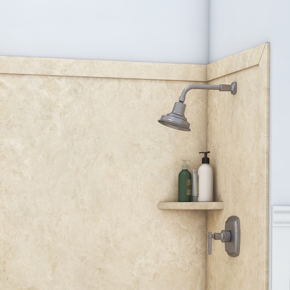 Panel de pared para ducha tipo alcoba con medida adaptable de 60 pulgadas de ancho, 60 pulgadas de largo y 80 pulgadas de alto en travertino crema de 3.0 pulgadas.