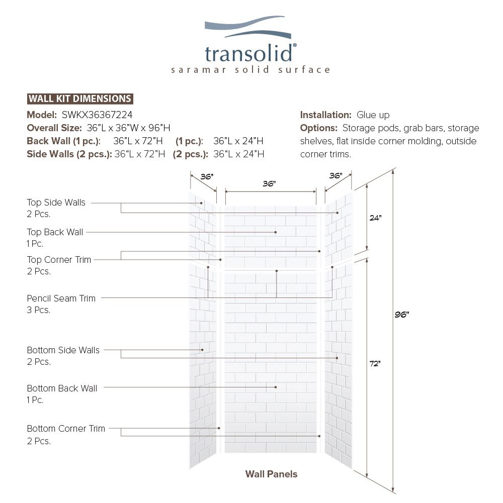 Kit de panel de ducha encajes de 3.0 piezas Transolid Saramar Velvet 36 pulgadas de ancho x 36 pulgadas de profundidad x 96 pulgadas de alto en blanco
