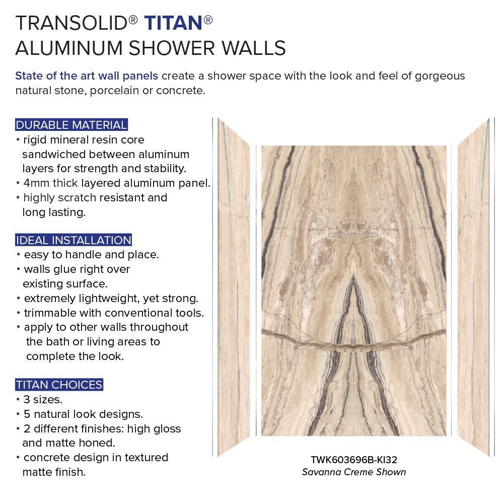 Kit de panel de ducha empotrado Transolid Titan 60 pulgadas de ancho x 36 pulgadas de profundidad x 96 pulgadas de alto en Crema Sabana/Brillante 4.0 piezas TWK603696B-KI32G