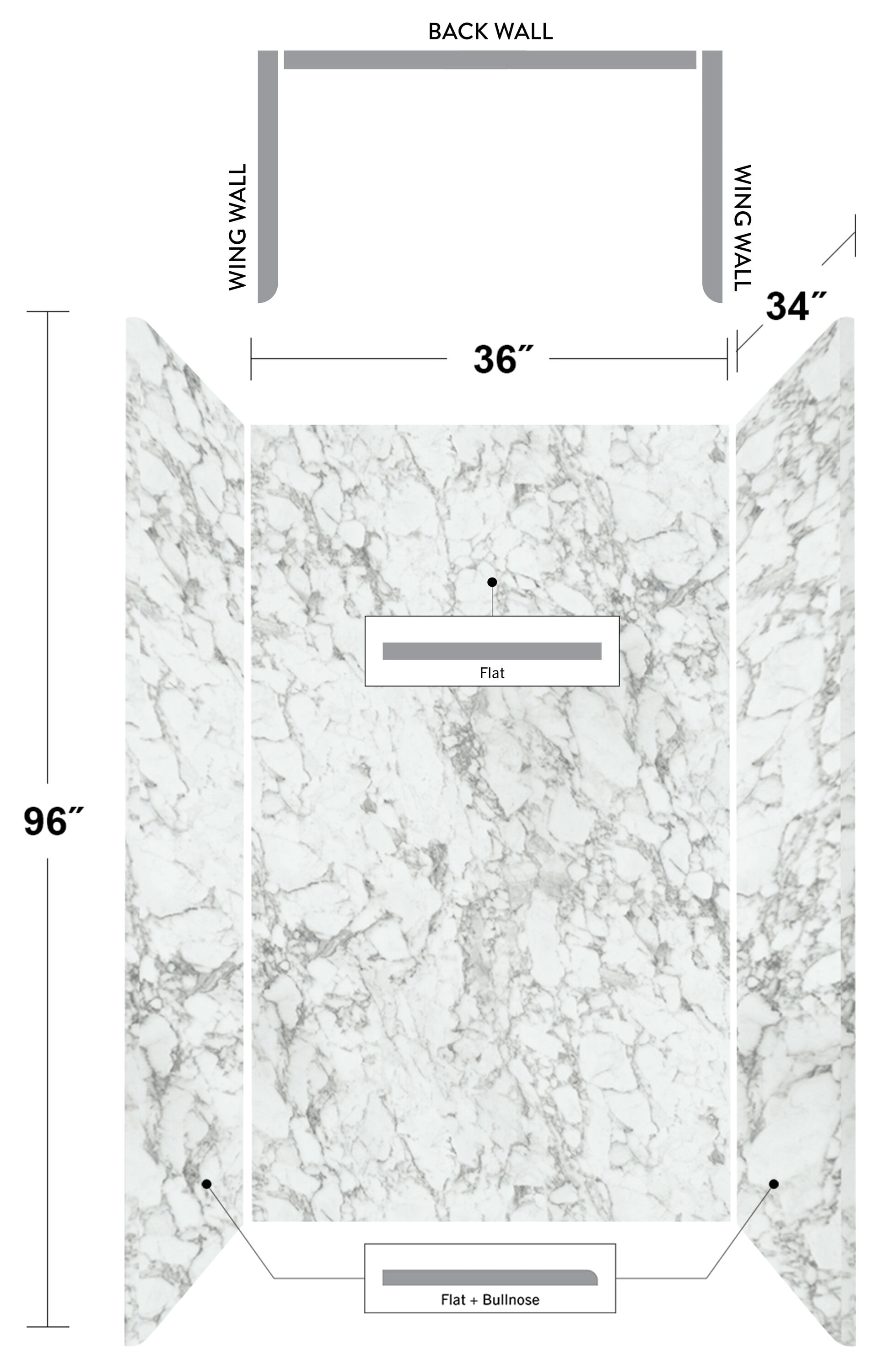 Kit de panel de ducha encajable de alcoba Marmafino 3.0 de Wetwall Wilsonart de 36 pulgadas de ancho x 34 pulgadas de profundidad x 96 pulgadas de altura WWK18853836X34X96.
