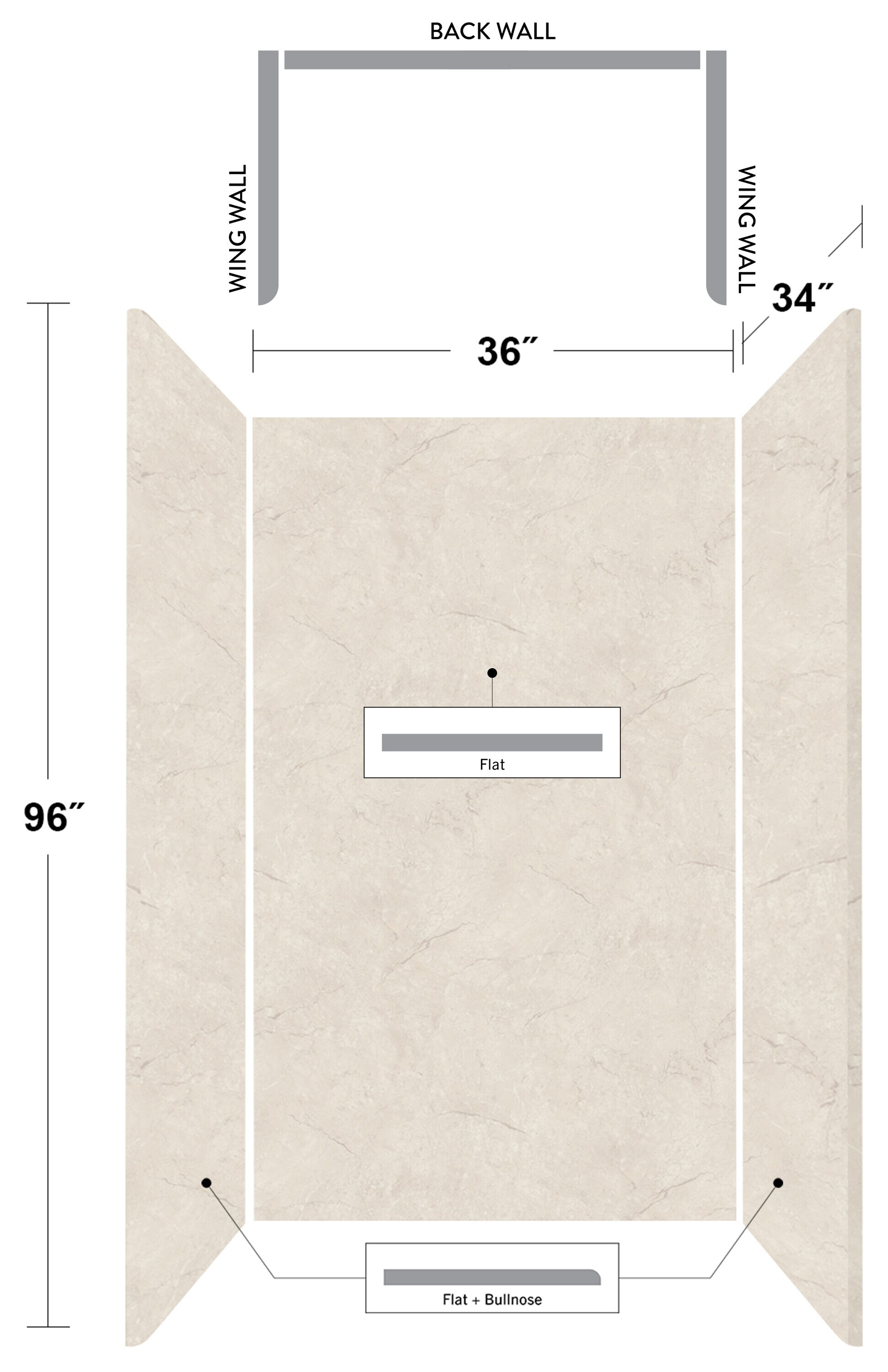 Kit de panel de ducha empotrado para alcoba Vienna Marble 3.0 de 36 pulgadas de ancho por 34 pulgadas de profundidad por 96 pulgadas de alto de Wetwall Wilsonart WWK130795236X34X96