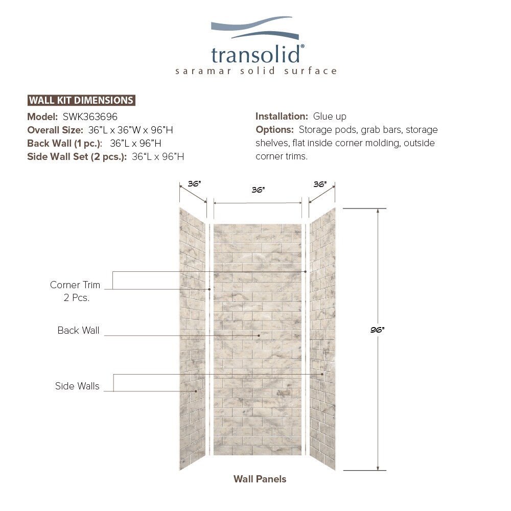 Kit de panel de ducha encolado para alcoba Transolid SaraMar de 36 pulgadas de ancho x 36 pulgadas de profundidad x 96 pulgadas de alto en crema de arena de 3.0 piezas.