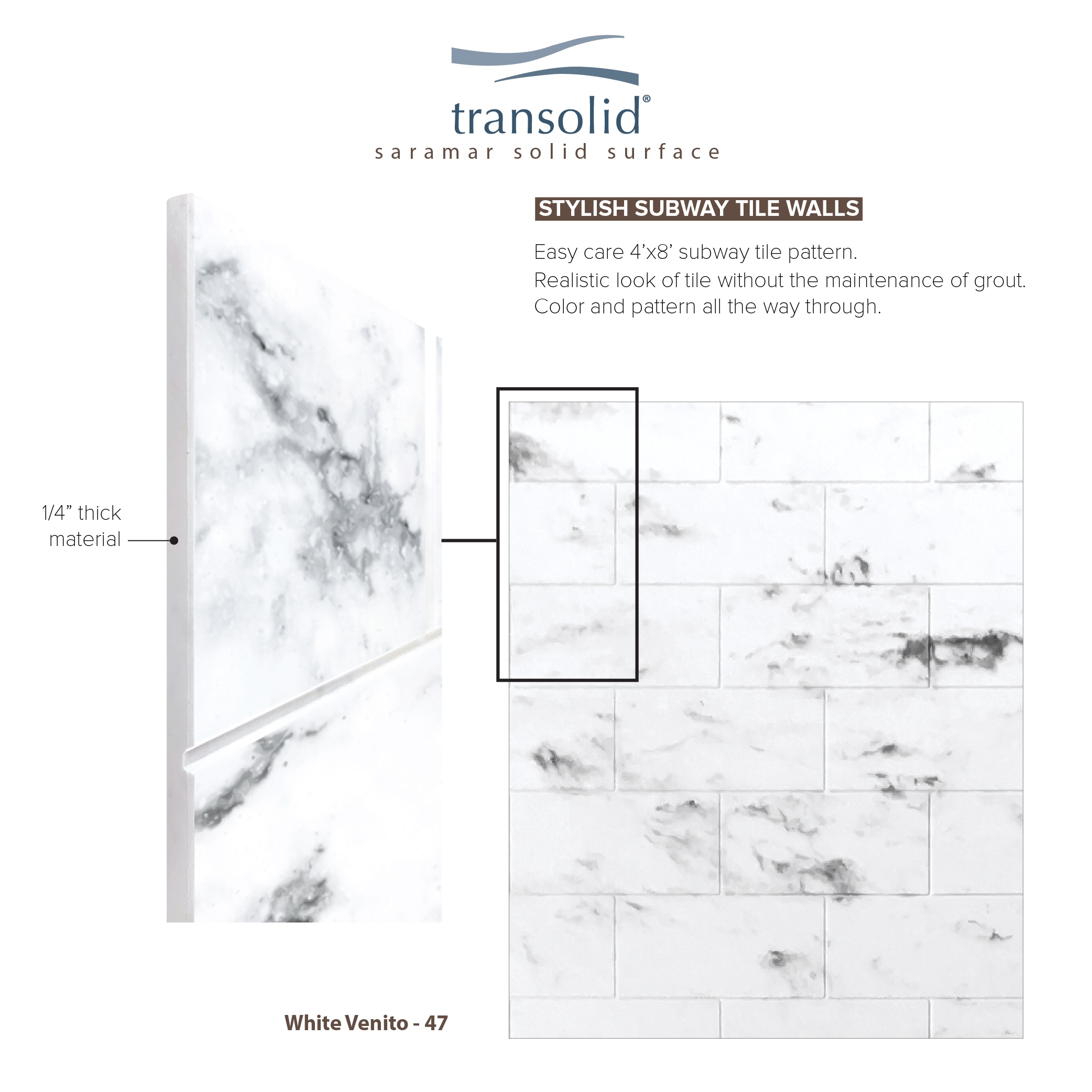 Kit de panel de ducha Transolid SaraMar de 36 pulgadas de ancho x 36 pulgadas de profundidad x 96 pulgadas de alto en color blanco Venito 3.0 para instalación con pegamento en el alcoba SWK363696-47.