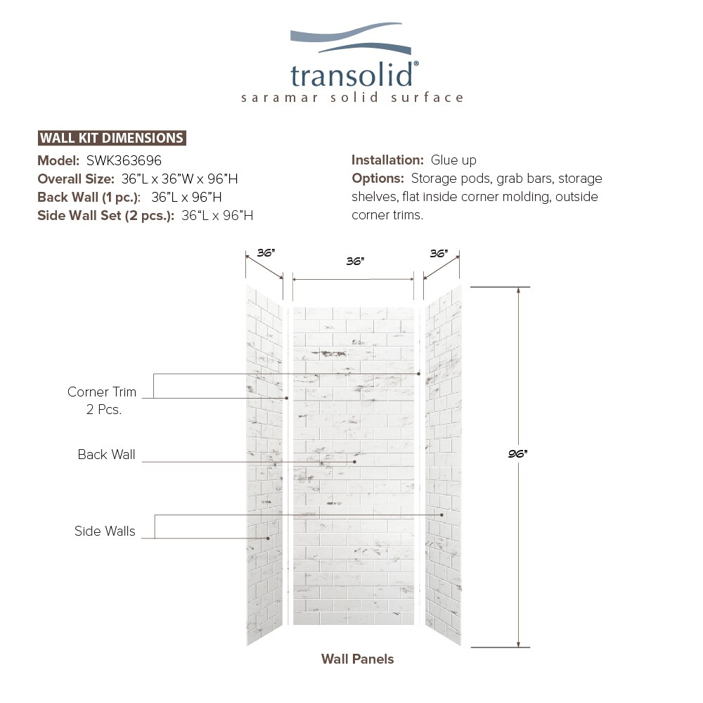 Kit de panel de ducha Transolid SaraMar de 36 pulgadas de ancho x 36 pulgadas de profundidad x 96 pulgadas de alto en color blanco Venito 3.0 para instalación con pegamento en el alcoba SWK363696-47.