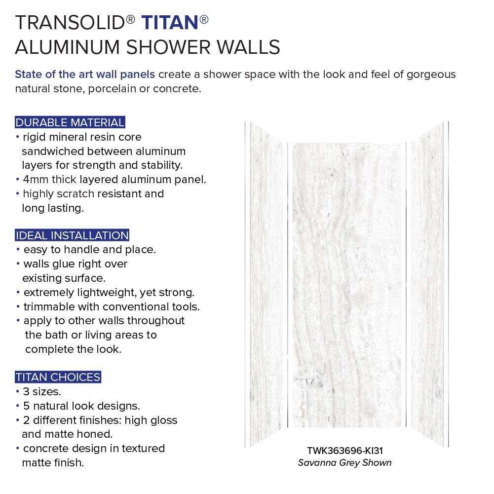 Kit de panel de ducha alcove Transolid Titan de 36 pulgadas de ancho x 36 pulgadas de profundidad x 96 pulgadas de altura en color gris sabana brillante de 3.0 piezas TWK363696-KI31G.