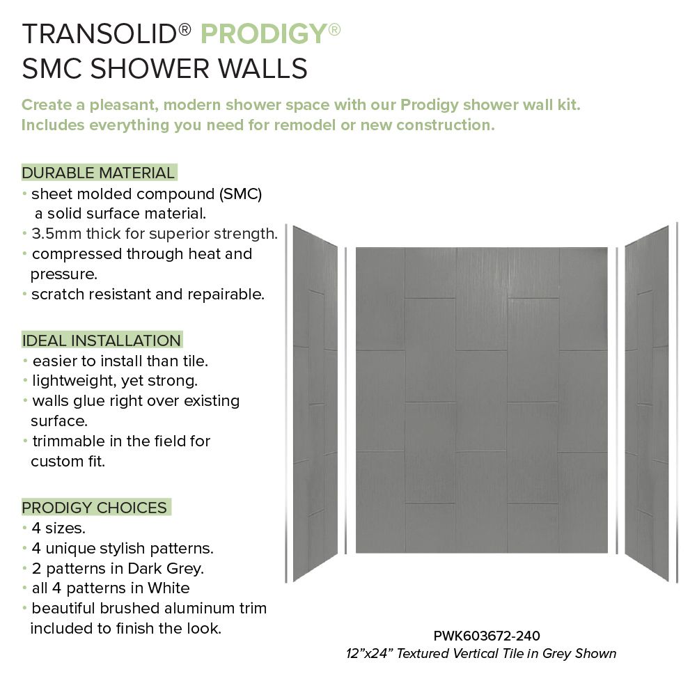 Kit de panel de ducha empotrado Transolid Prodigy de 60 pulgadas de ancho x 36 pulgadas de profundidad x 72 pulgadas de altura en color gris oscuro/vertical 3.0 -Pieza PWK603672-240