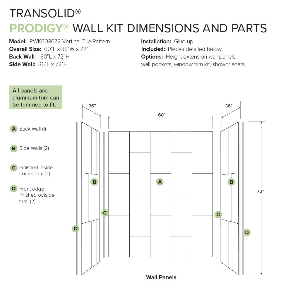 Kit de panel de ducha empotrado Transolid Prodigy de 60 pulgadas de ancho x 36 pulgadas de profundidad x 72 pulgadas de altura en color gris oscuro/vertical 3.0 -Pieza PWK603672-240