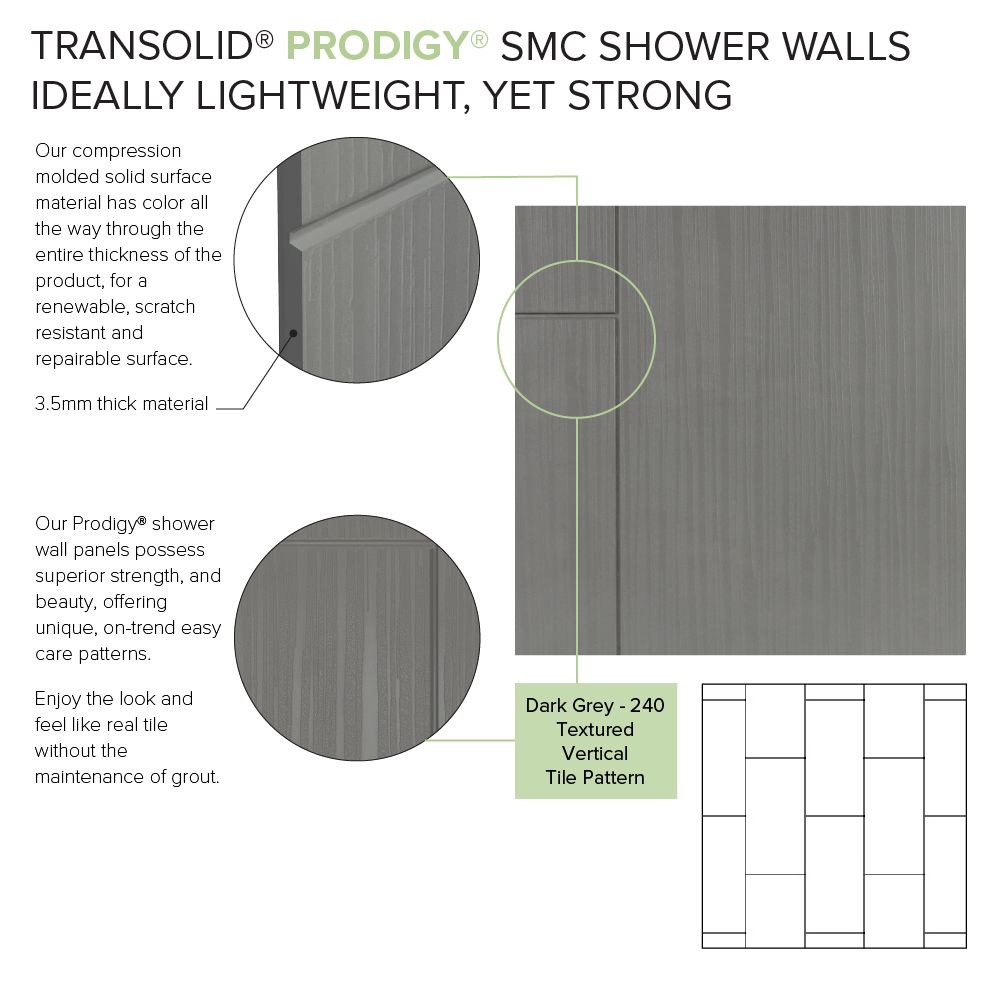 Kit de panel de ducha empotrado Transolid Prodigy de 60 pulgadas de ancho x 36 pulgadas de profundidad x 72 pulgadas de altura en color gris oscuro/vertical 3.0 -Pieza PWK603672-240