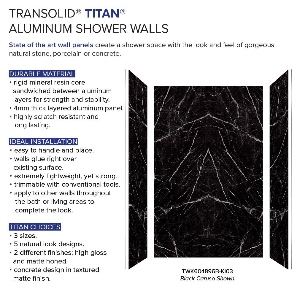 Kit de panel de ducha encastrado de alcoba Transolid Titan 60 pulgadas de ancho x 48 pulgadas de profundidad x 96 pulgadas de altura en negro Caruso/brillante 4.0 piezas TWK604896B-KI03G