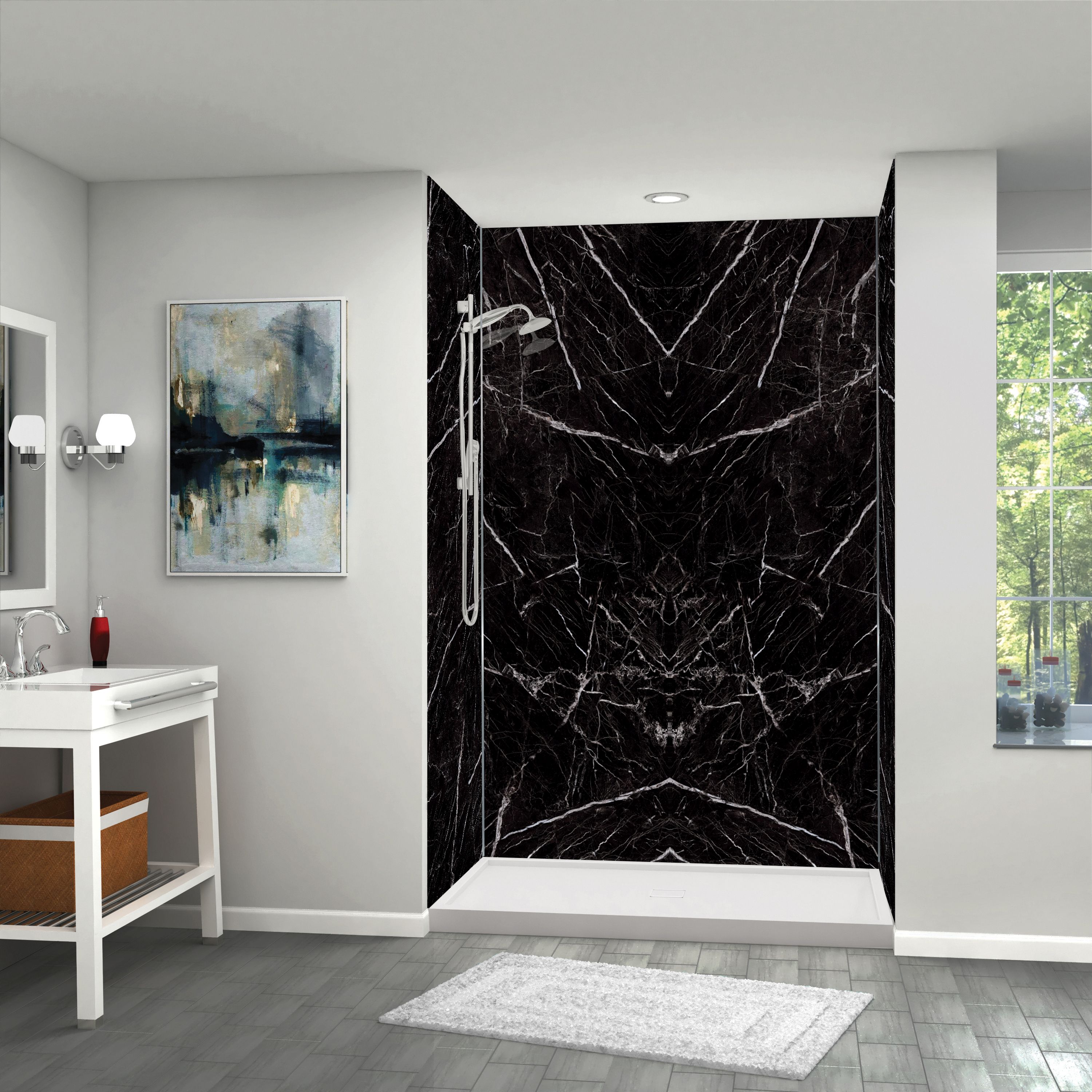 Kit de panel de ducha encastrado de alcoba Transolid Titan 60 pulgadas de ancho x 48 pulgadas de profundidad x 96 pulgadas de altura en negro Caruso/brillante 4.0 piezas TWK604896B-KI03G