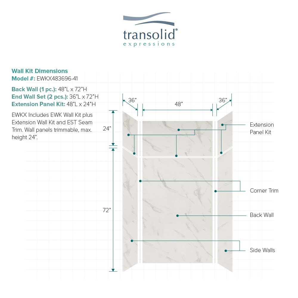 Kit de panel de ducha alcove Bianca 3.0 de 48 pulgadas de ancho x 36 pulgadas de profundidad x 96.0 pulgadas de alto de Transolid Expressions EWKX483696-41