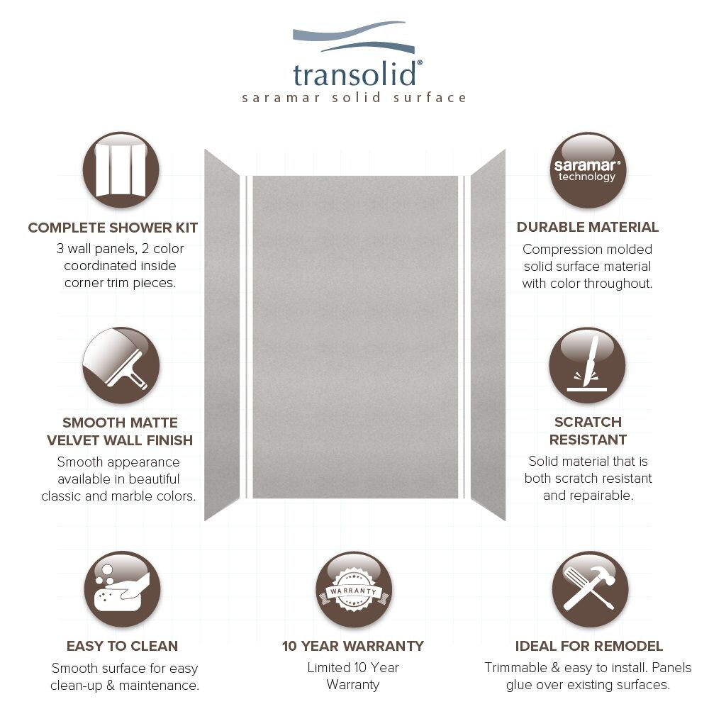 Kit de panel de ducha alcove de 3 piezas Transolid Saramar Velvet 36 pulgadas de ancho x 36 pulgadas de profundidad x 96 pulgadas de altura en gris Beach Velvet SWK603696-27V