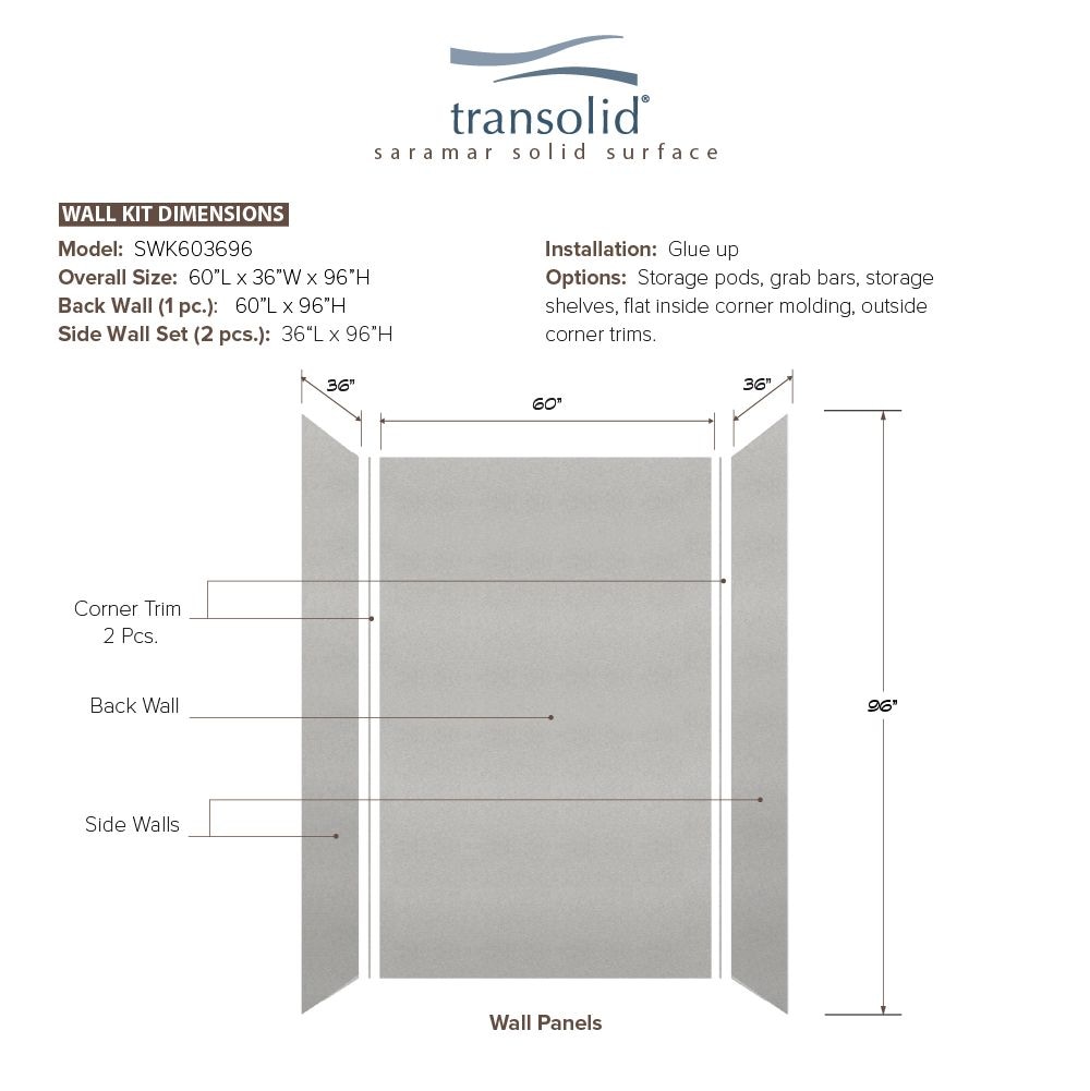 Kit de panel de ducha alcove de 3 piezas Transolid Saramar Velvet 36 pulgadas de ancho x 36 pulgadas de profundidad x 96 pulgadas de altura en gris Beach Velvet SWK603696-27V