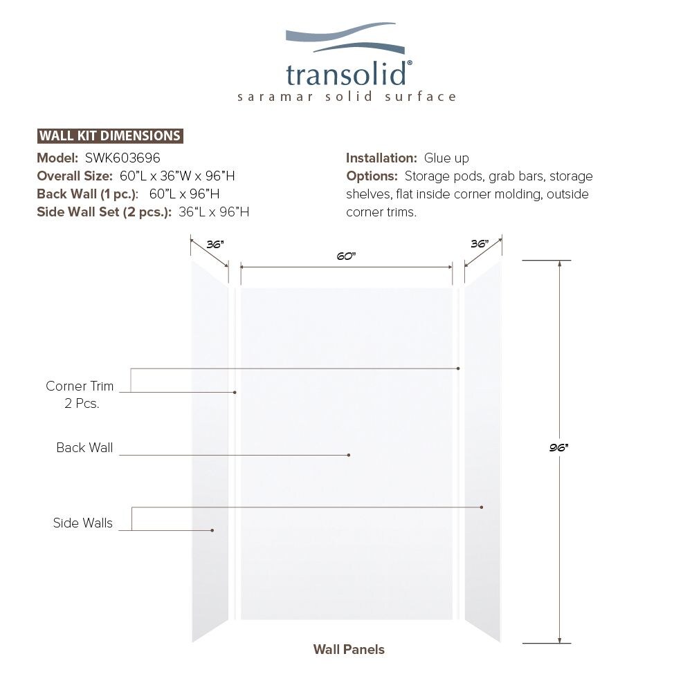 Kit de paneles de ducha en alcoba Transolid Saramar Velvet de 36 pulgadas de ancho x 36 pulgadas de profundidad x 96 pulgadas de altura en terciopelo blanco 3.0 piezas con pegamento SWK603696-21V