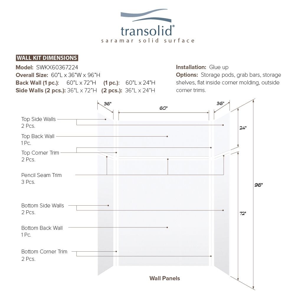 Kit de panel de ducha encajable de alcoba de 3.0 piezas en blanco terciopelo Transolid Saramar 36 pulg. An x 36 pulg. Pr x 96 pulg. Al - Modelo SWKX60367224-21V