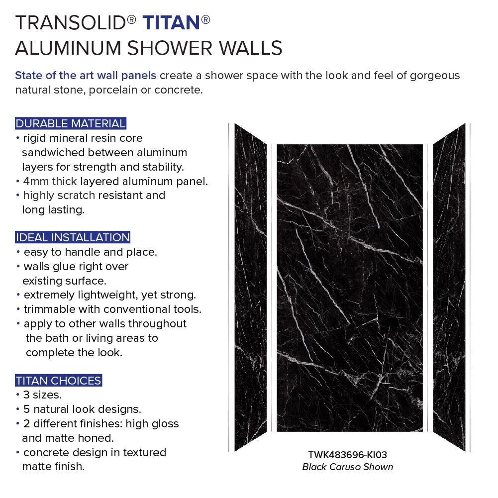 Kit de panel de ducha encastrado en alcoba Transolid Titan 48 pulgadas de ancho x 36 pulgadas de profundidad x 96 pulgadas de alto en negro Caruso/Glossy 3.0 piezas TWK483696-KI03G