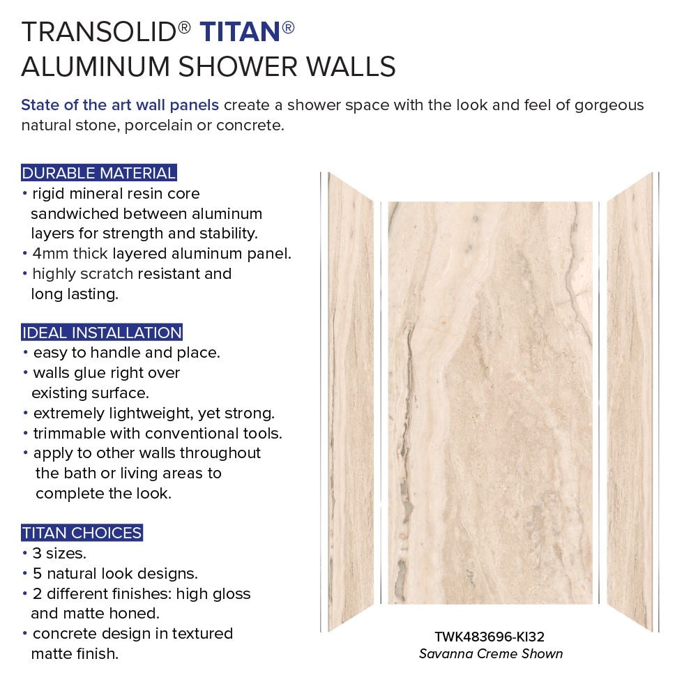 Kit de panel de ducha encajonado Transolid Titan 48 pulgadas de ancho x 36 pulgadas de profundidad x 96 pulgadas de altura en Crema Sabana/Brillante 3.0 piezas TWK483696-KI32G.